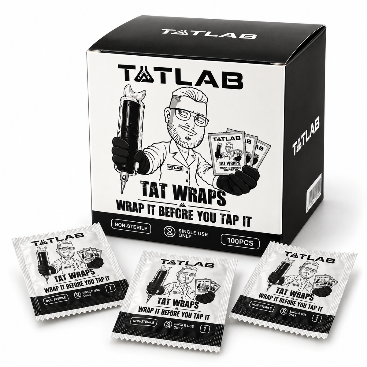 TatLab Tat Wraps 100 piece box and individual sleeves
